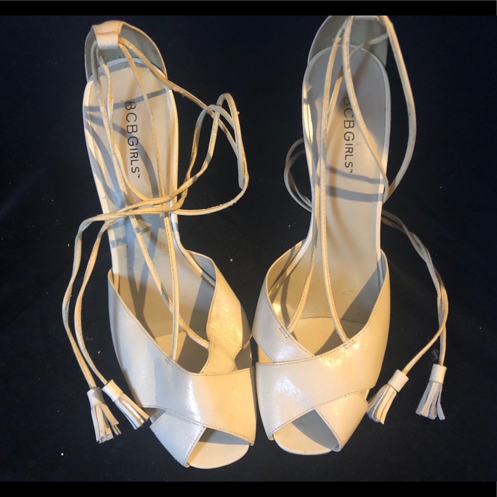 Sexy BCBGirls Cream Tassel Strap Peep Toe Heels